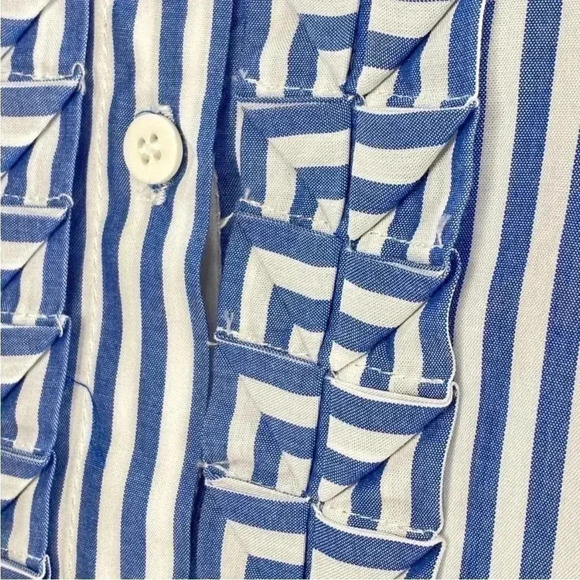 [L]Max Studio 100 Modal White Blue Straps Prints Button  Down Women Shirt - Picture 3 of 11